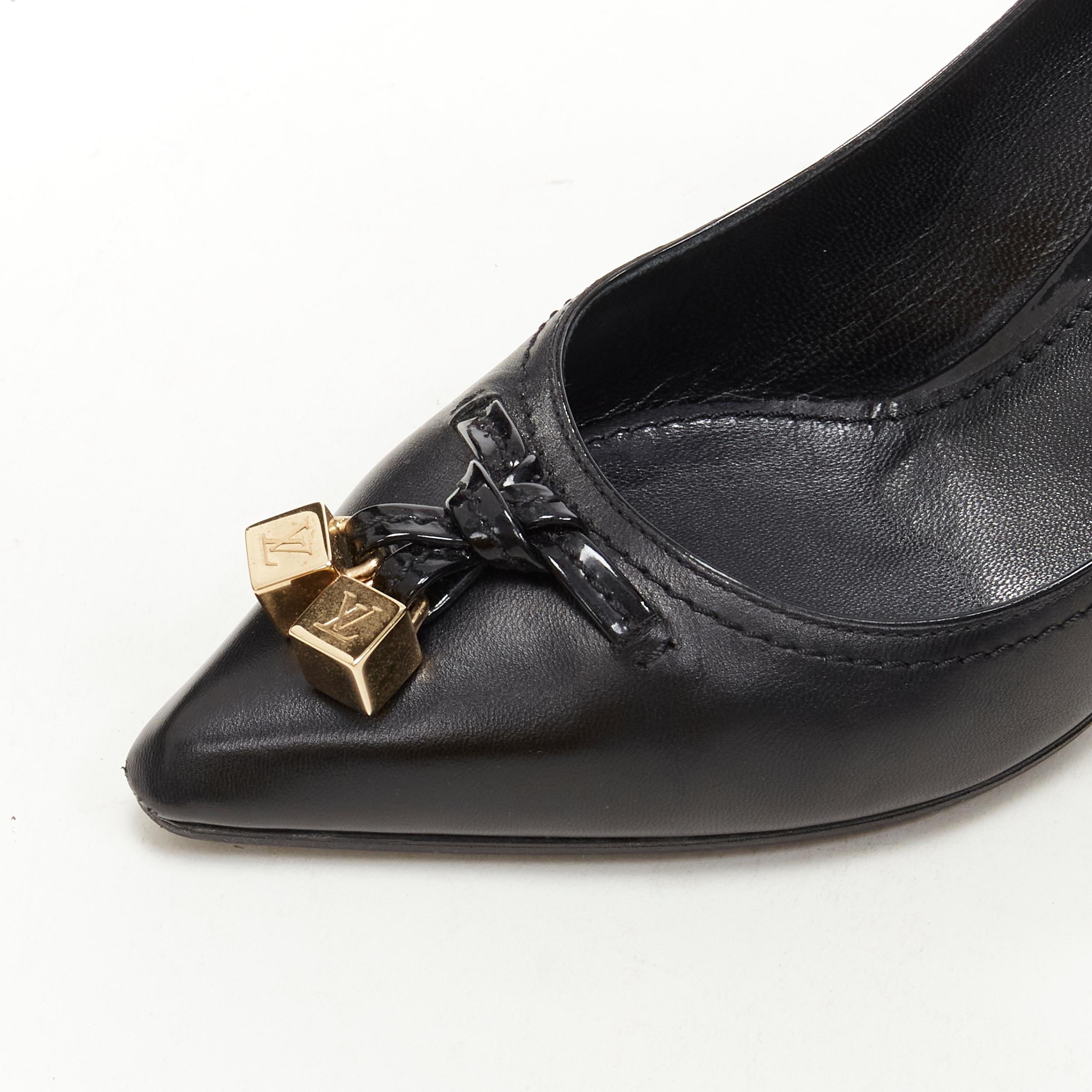 Black LOUIS VUITTON gold LV dice charm black leather mid heel pump EU36.5 For Sale