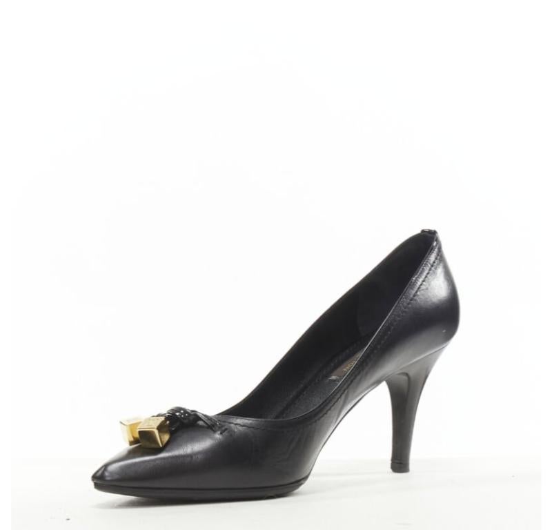 LOUIS VUITTON gold LV dice charm black leather mid heel pump EU36.5 In Good Condition In Hong Kong, NT