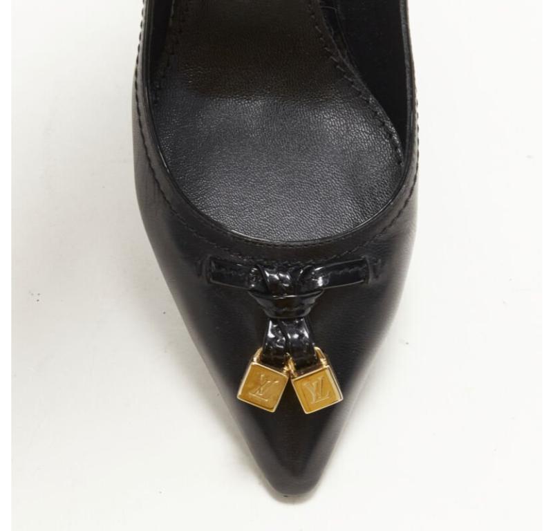 LOUIS VUITTON gold LV dice charm black leather mid heel pump EU36.5 1