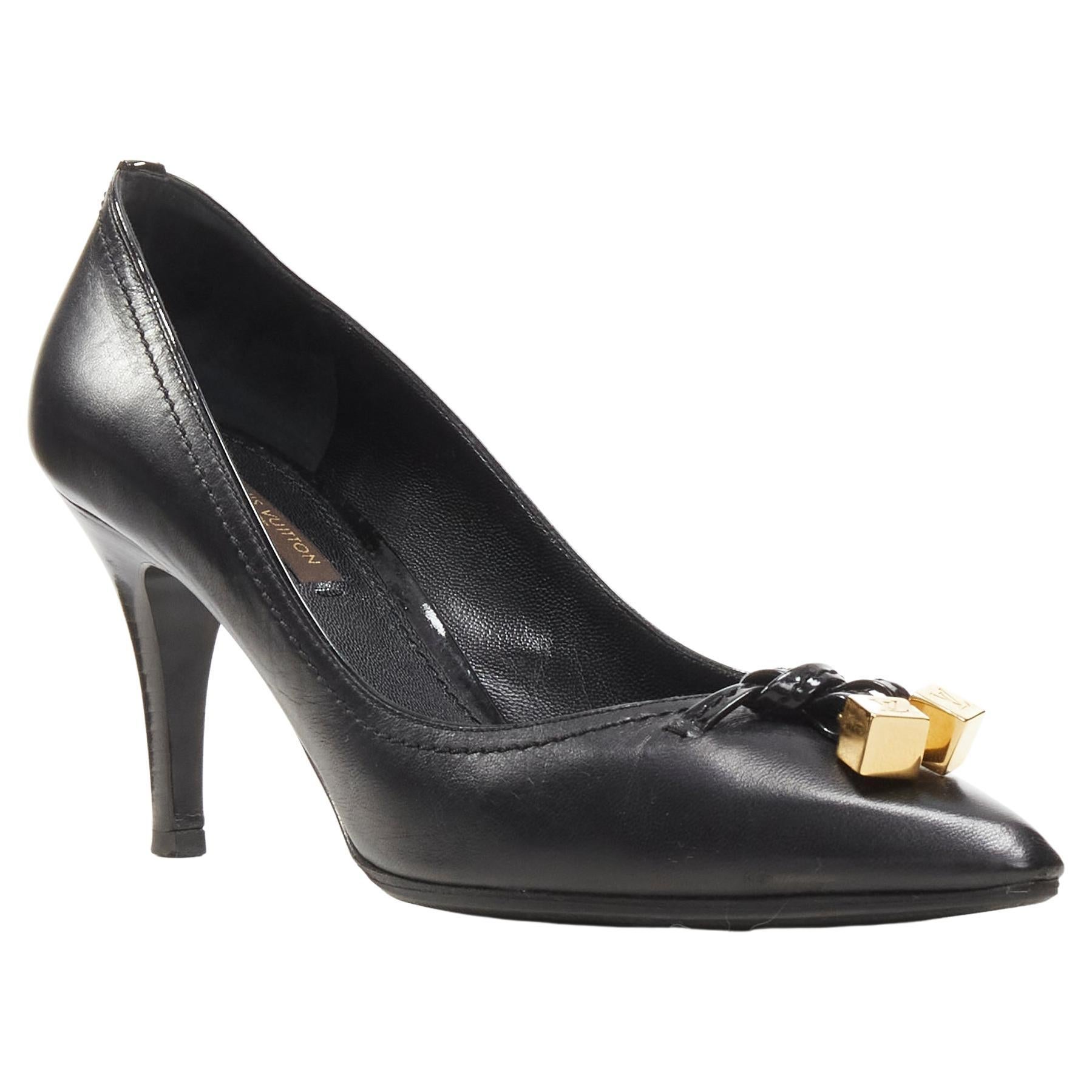 LOUIS VUITTON gold LV dice charm black leather mid heel pump EU36.5 For Sale