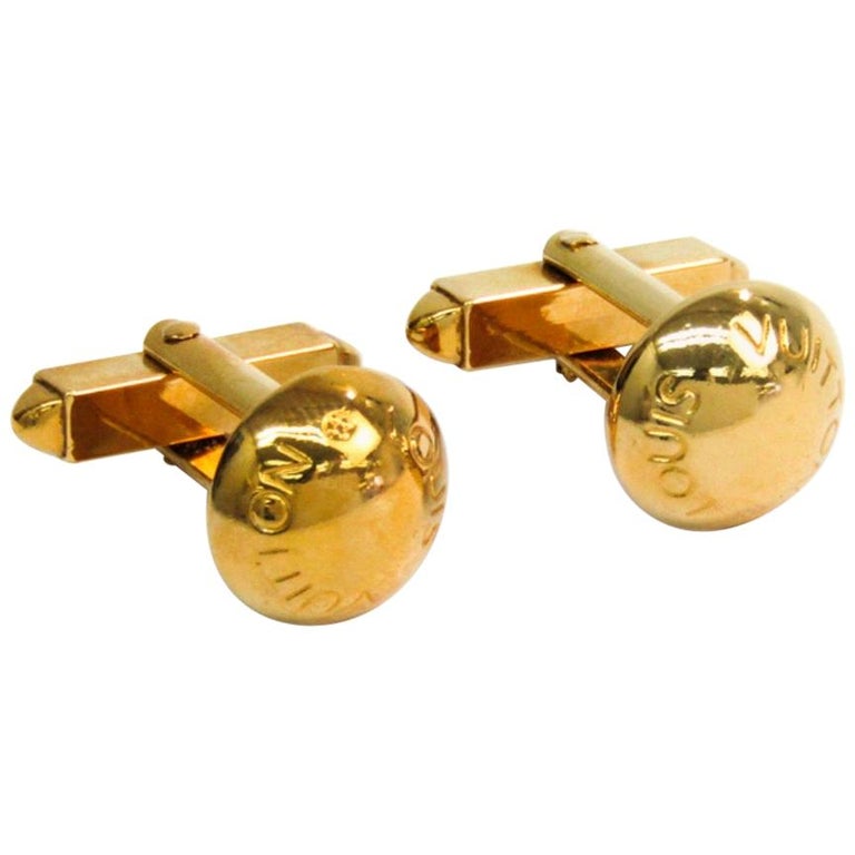 Louis Vuitton Gold Metal Tone Men&#39;s Suit Shirt Cufflinks in Leather Storage Case For Sale at 1stdibs