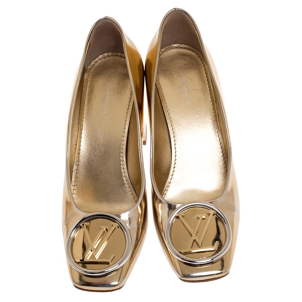 These elegant Louis Vuitton pumps will be your favourite go-to option for any special occasion. Crafted in Italy, these Madeleine pumps are made from metallic foil leather. They come in gold and will complement a host of outfits. They are styled