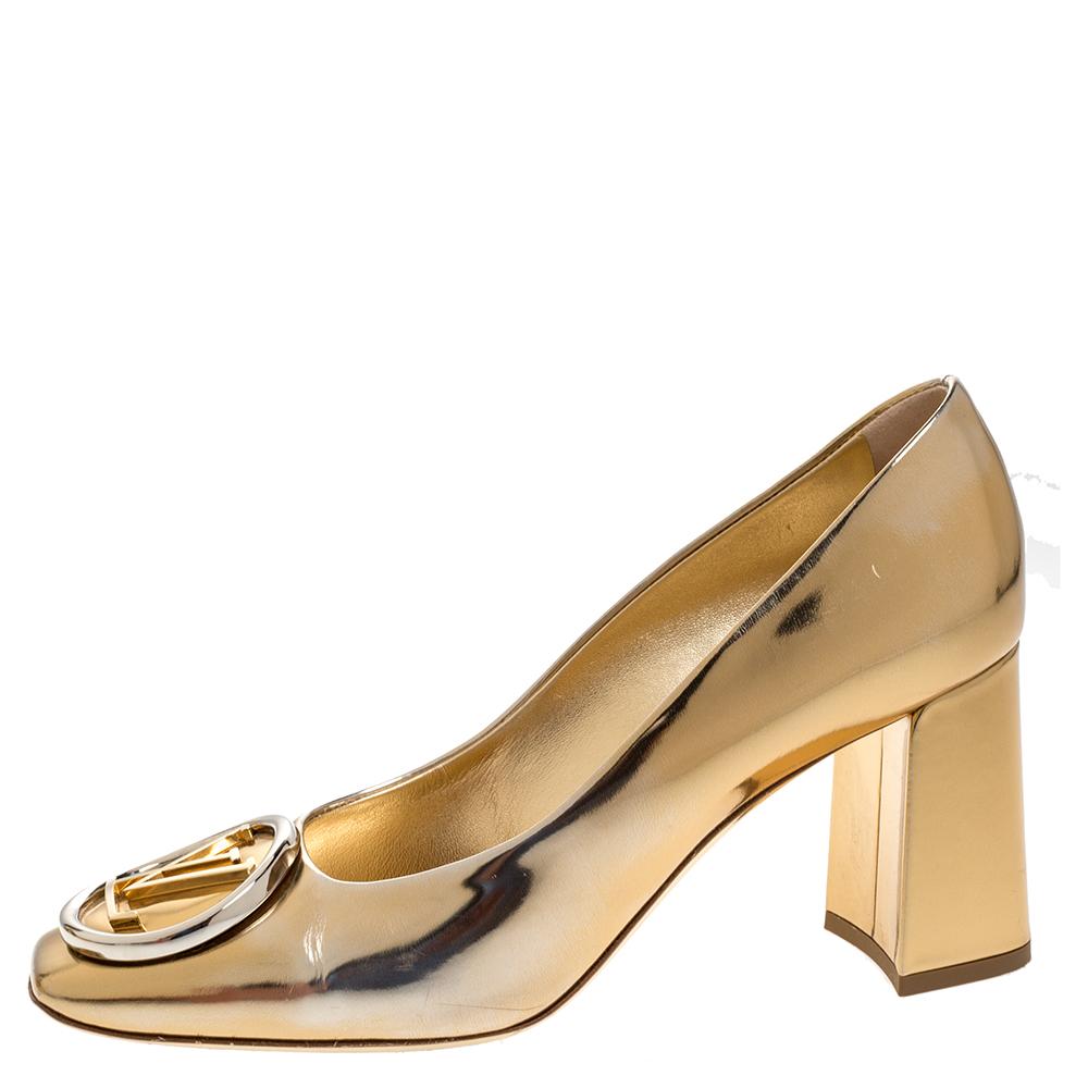 Women's Louis Vuitton Gold Metallic Foil Leather Madeleine Square Toe Pumps Size 37.5