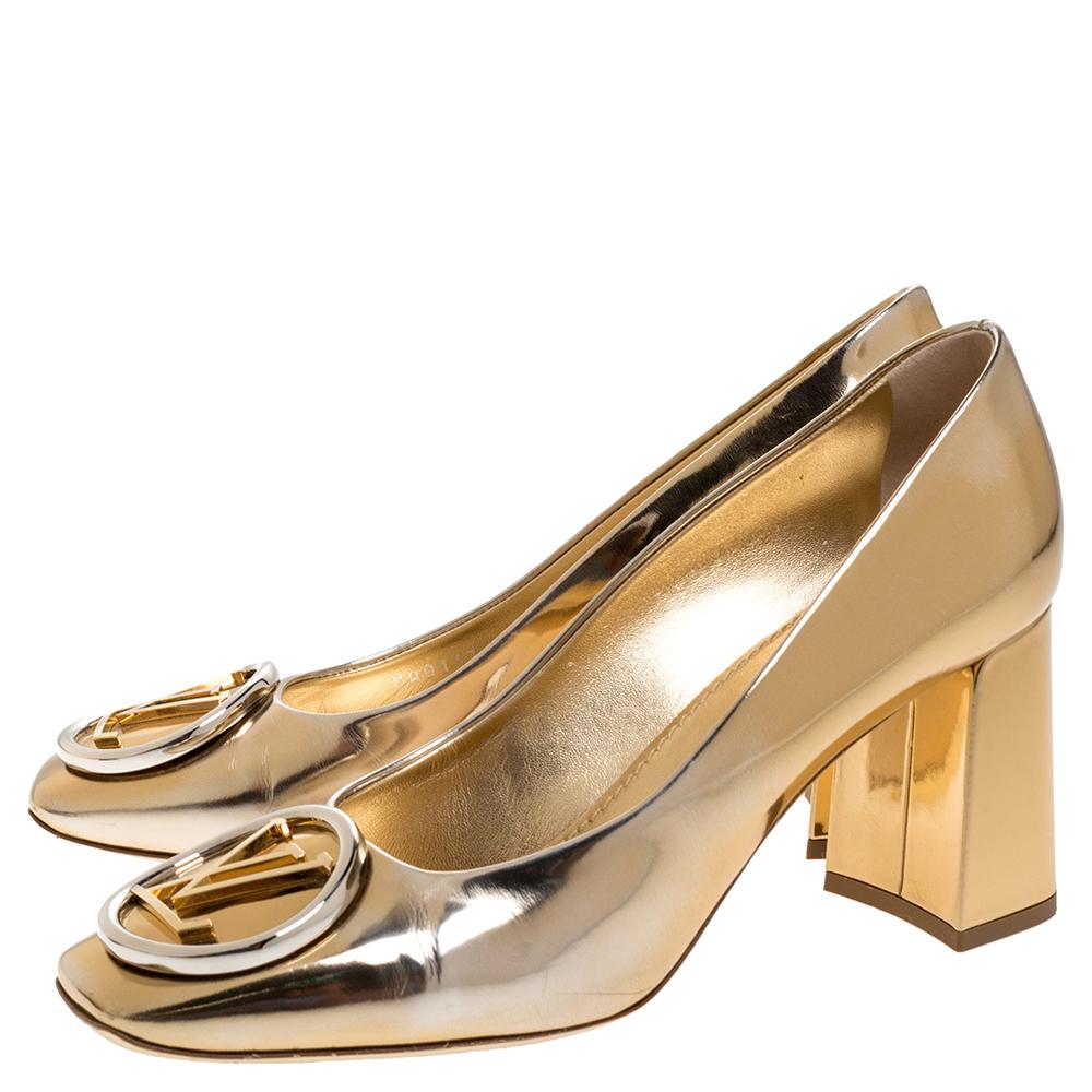Louis Vuitton Gold Metallic Foil Leather Madeleine Square Toe Pumps Size 37.5 2