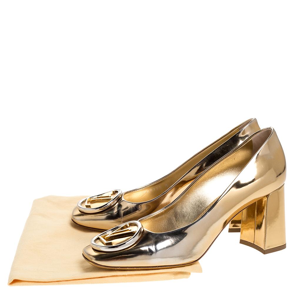Louis Vuitton Gold Metallic Foil Leather Madeleine Square Toe Pumps Size 37.5 3