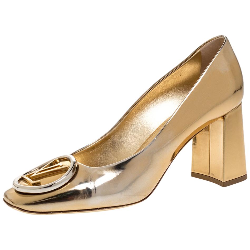 Louis Vuitton Gold Metallic Foil Leather Madeleine Square Toe Pumps Size 37.5