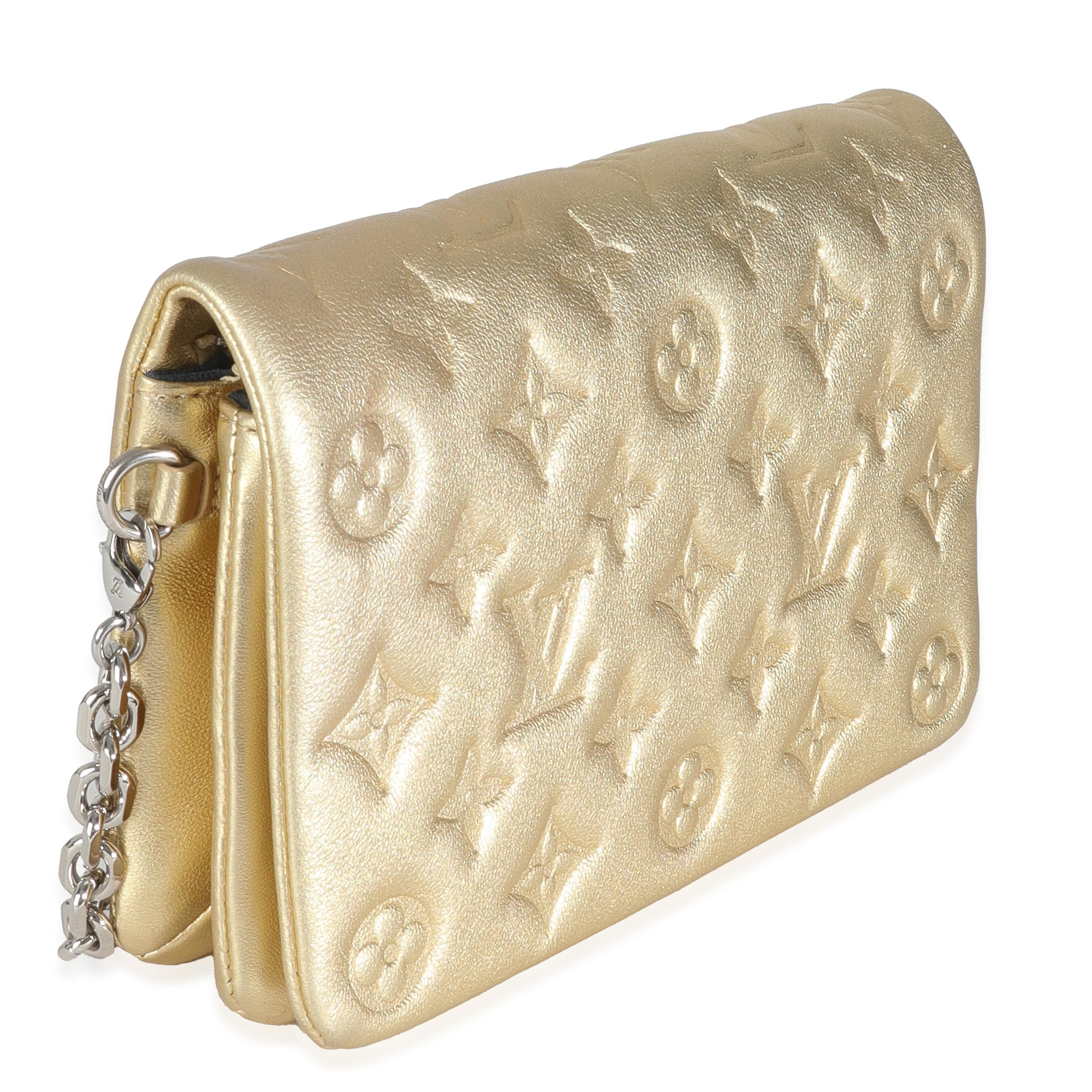 Louis Vuitton Gold Metallic Lambskin Embossed Monogram Pochette Coussin In Excellent Condition For Sale In New York, NY