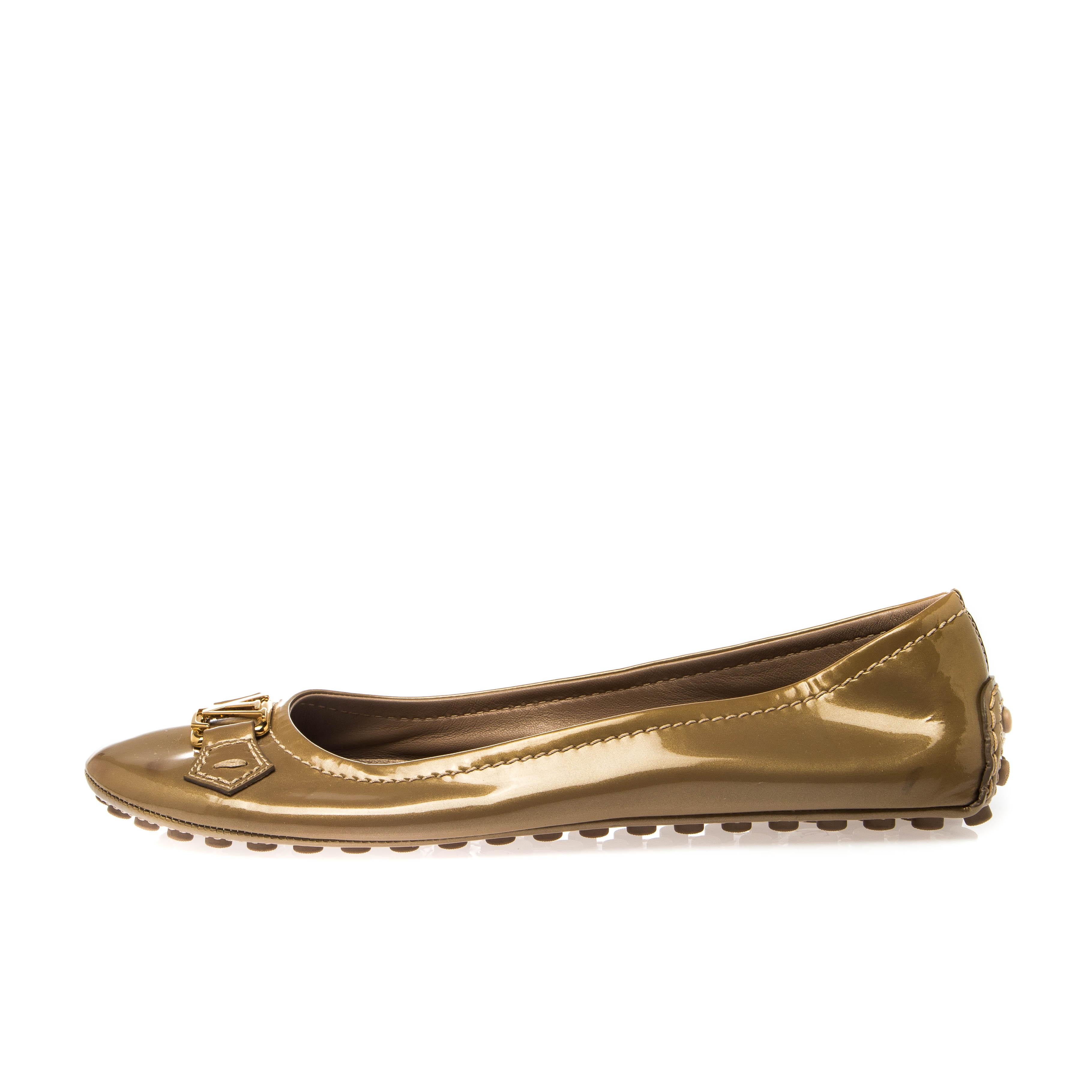 Brown Louis Vuitton Gold Patent Leather Oxford Ballet Flats Size 40.5