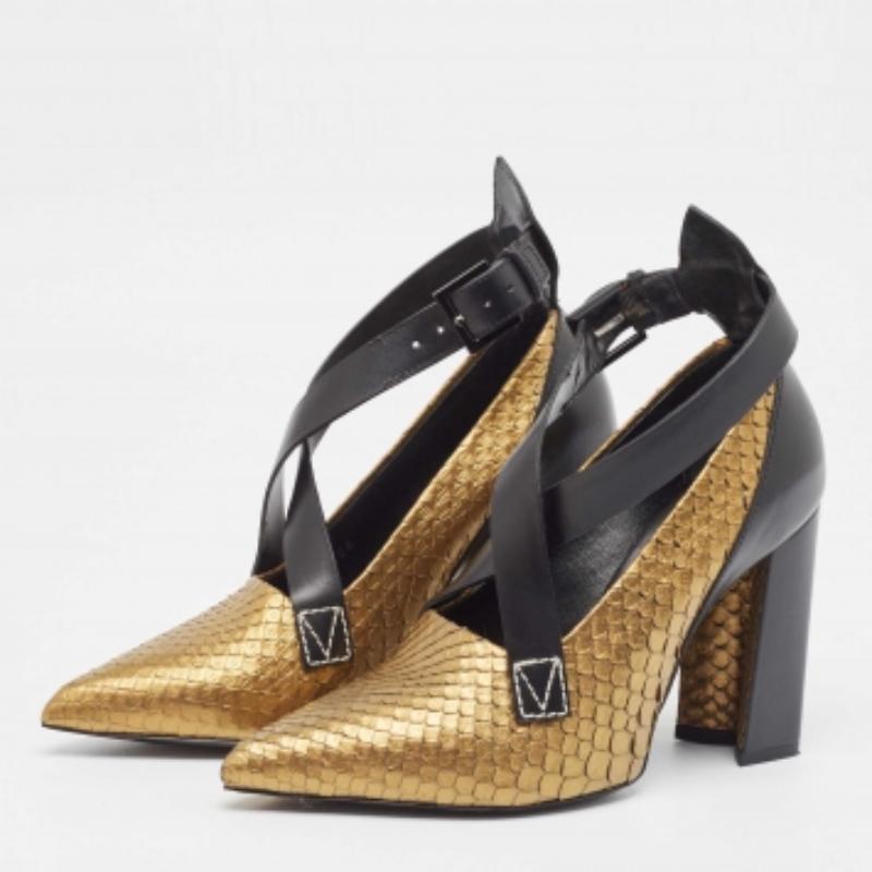 Louis Vuitton Bombas de piel y pitón dorado con tiras entrecruzadas Talla 36.5 Marrón en venta