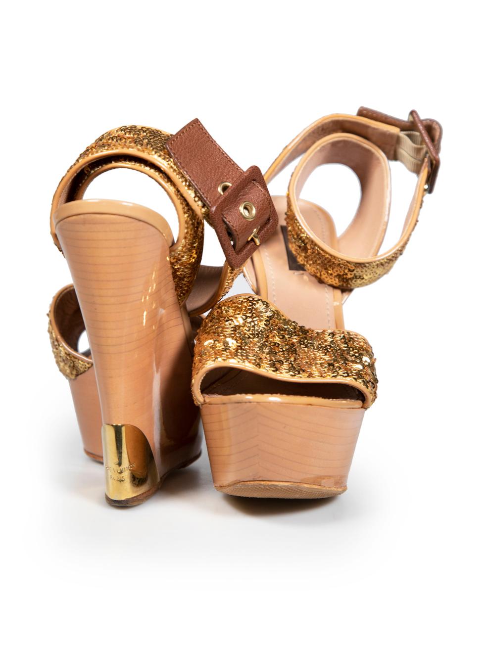 Louis Vuitton Gold Sequin Wooden Platform Sandals Size IT 37 In Good Condition For Sale In London, GB