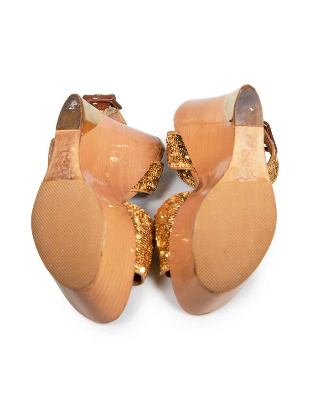 Women's Louis Vuitton Gold Sequin Wooden Platform Sandals Size IT 37 For Sale