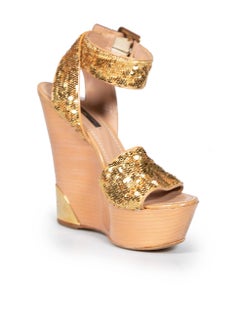 Louis Vuitton Gold Sequin Wooden Platform Wedges Size IT 37