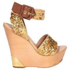 Louis Vuitton Gold Sequin Wooden Platform Wedges Size IT 37