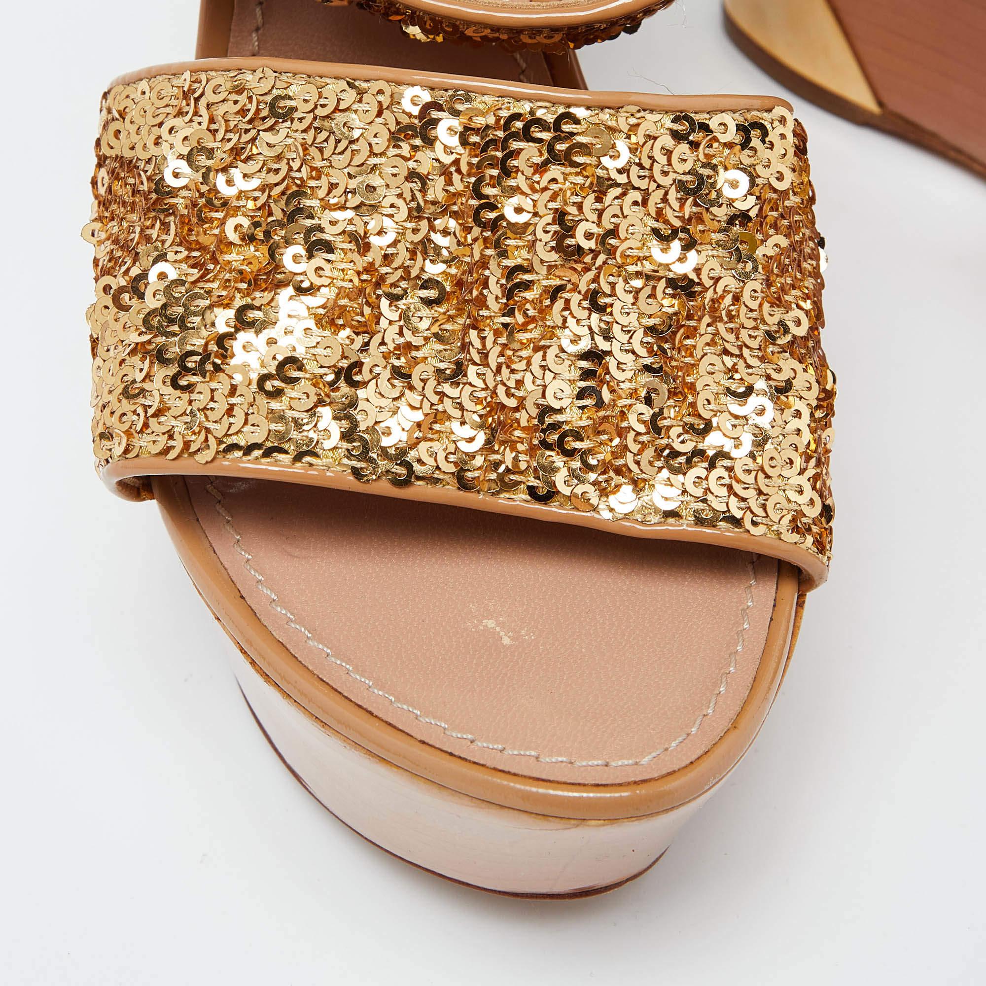 Women's Louis Vuitton Gold Sequins Platform Wedge Ankle Wrap Sandals Size 38