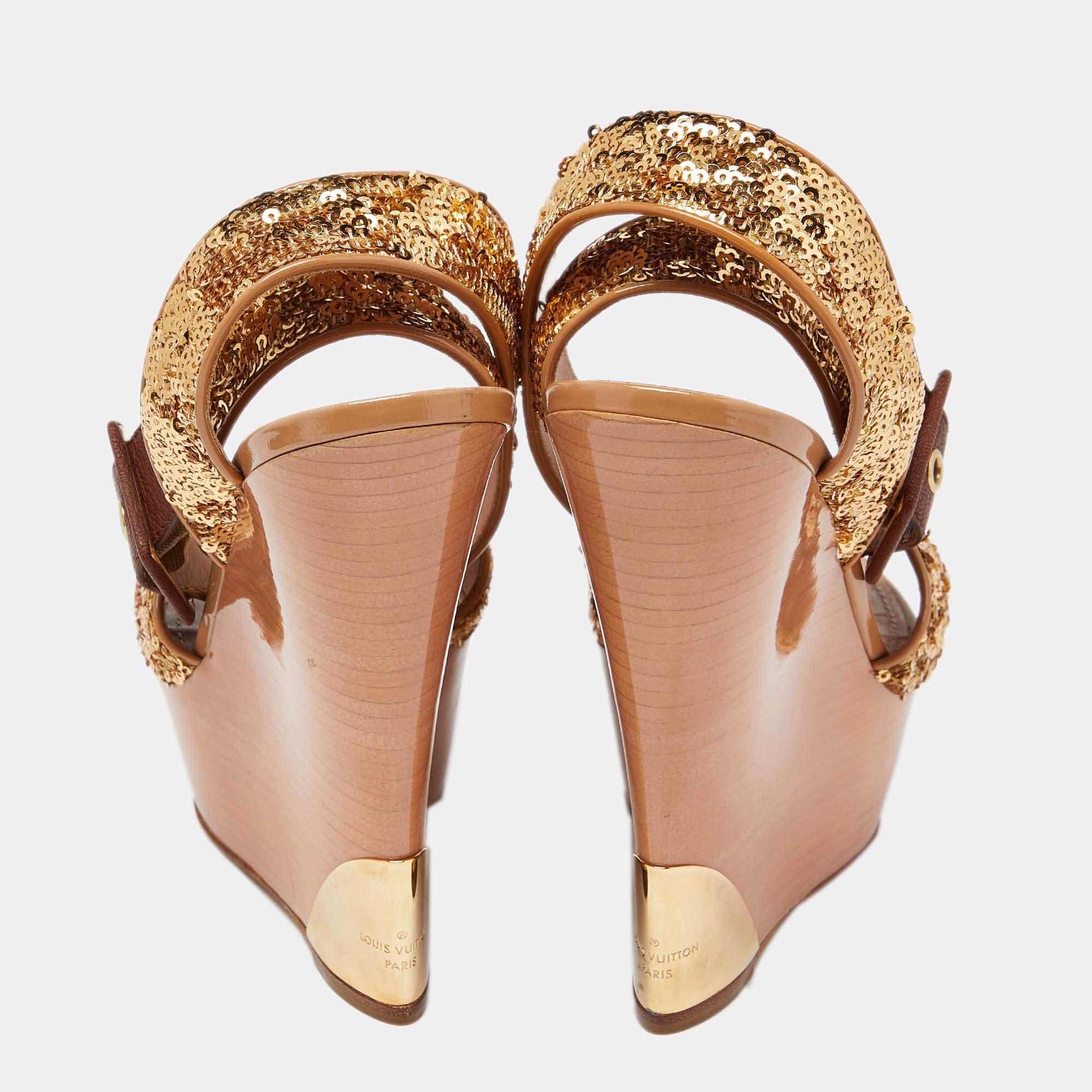 Louis Vuitton Gold Sequins Platform Wedge Ankle Wrap Sandals Size 38 1