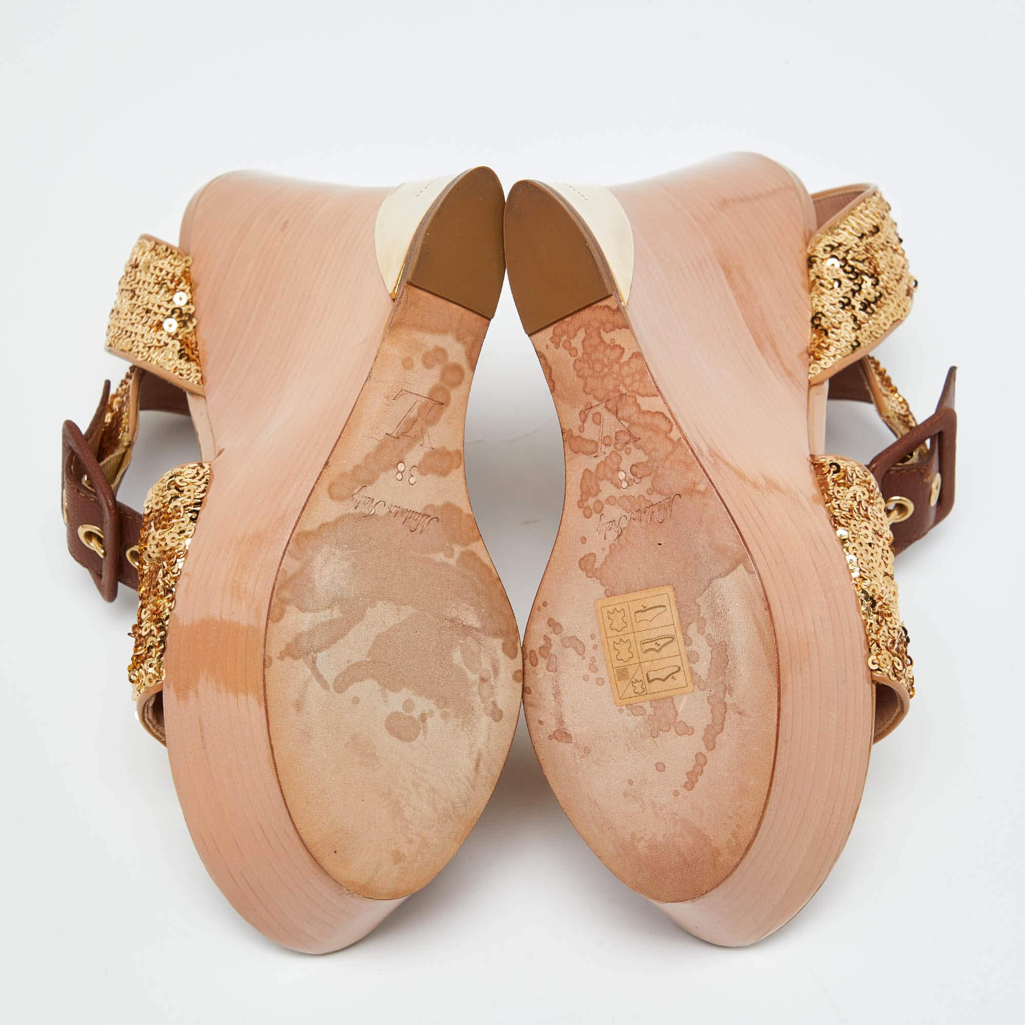 Louis Vuitton Gold Sequins Platform Wedge Ankle Wrap Sandals Size 38 2