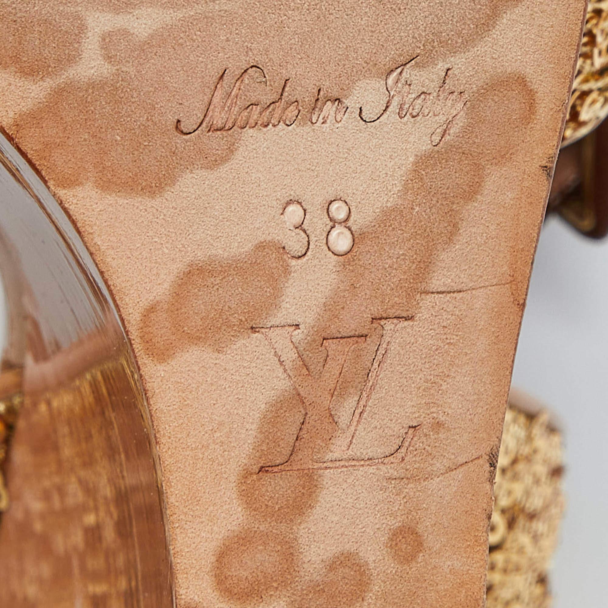 Louis Vuitton Gold Sequins Platform Wedge Ankle Wrap Sandals Size 38 3