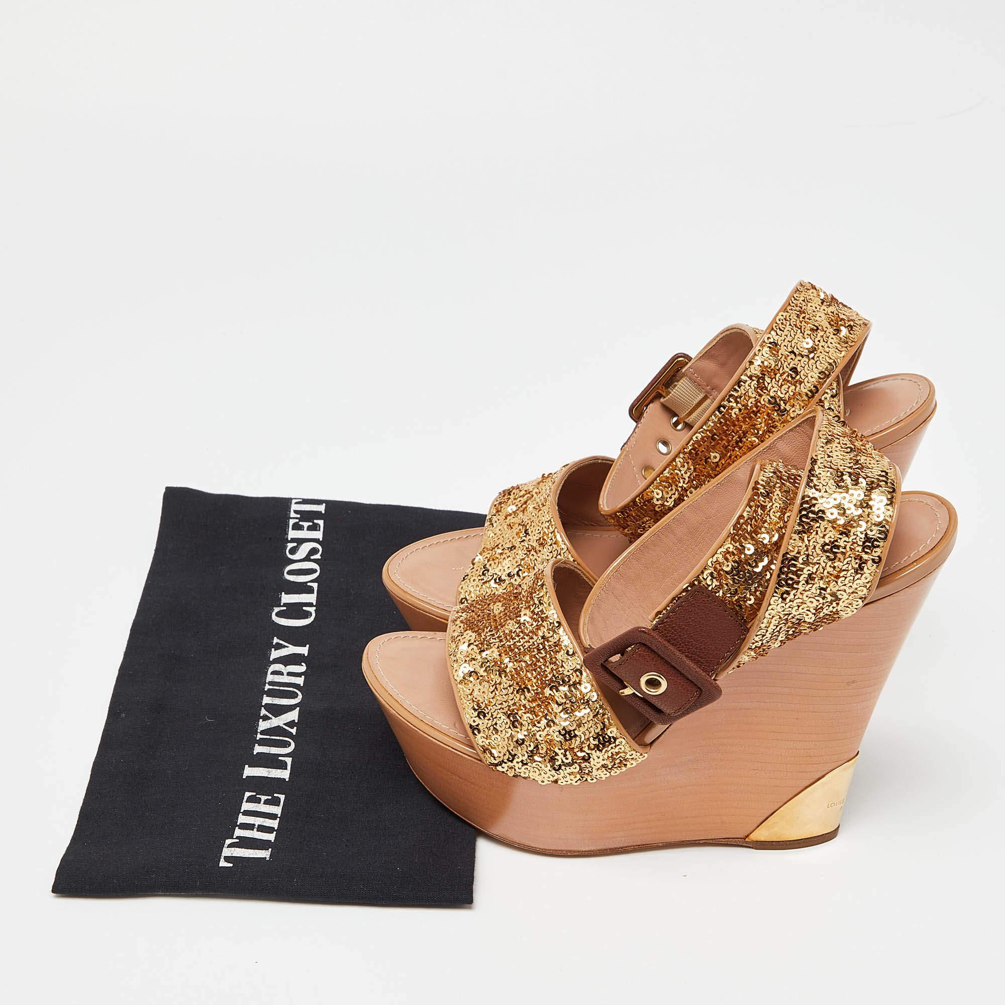 Louis Vuitton Gold Sequins Platform Wedge Ankle Wrap Sandals Size 38 4