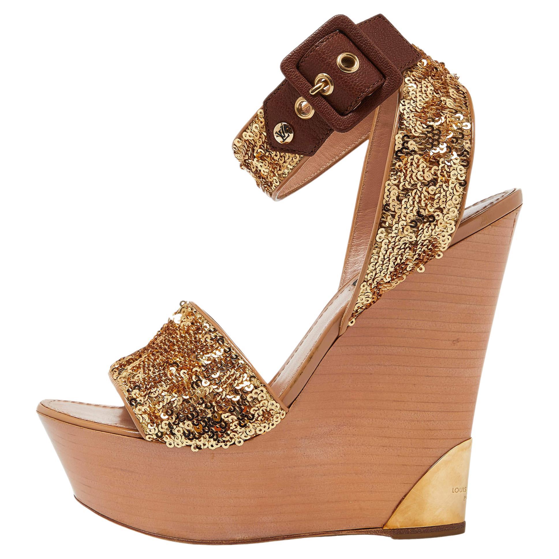 Louis Vuitton Gold Sequins Platform Wedge Ankle Wrap Sandals Size 38