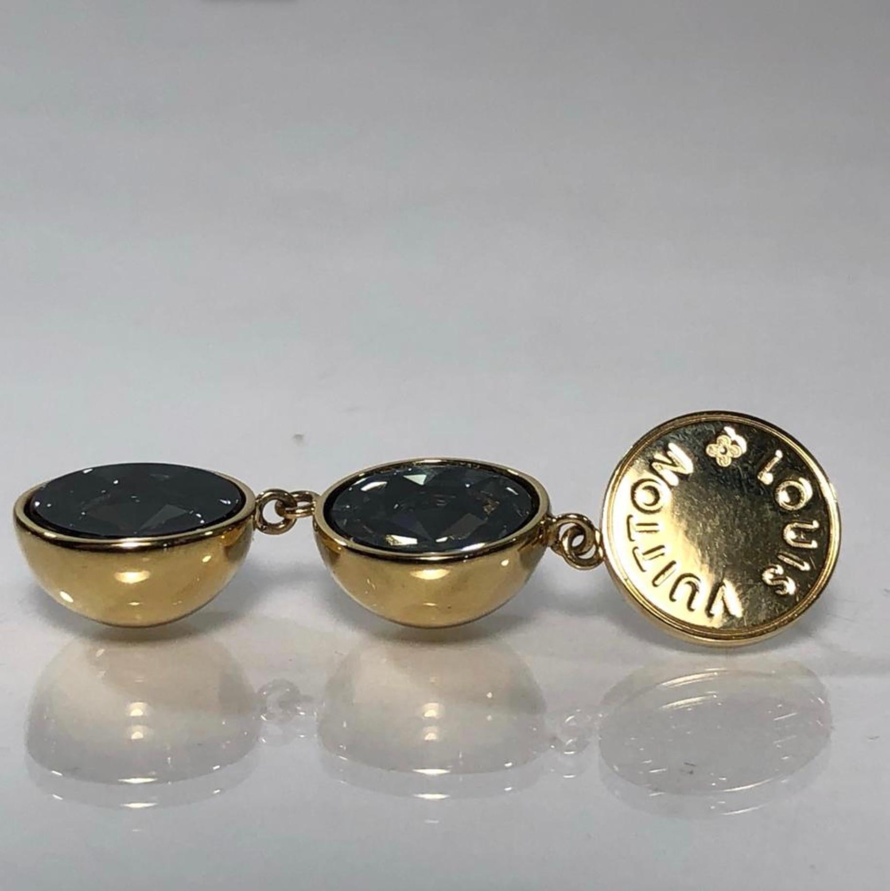 Women's or Men's Louis Vuitton Gold Swarovski Black Crystal Pierced Hanging Earrings For Sale