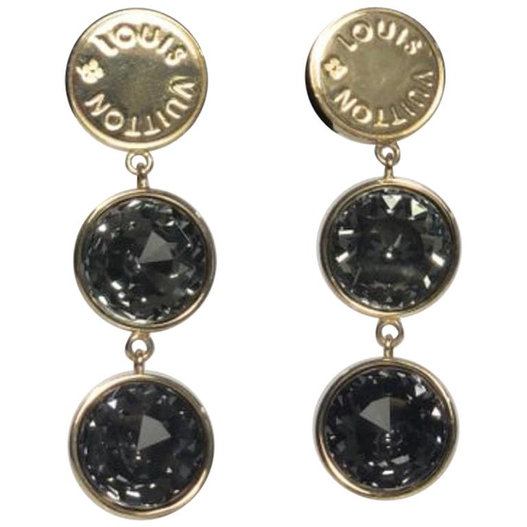 Louis Vuitton Gold Swarovski Black Crystal Pierced Hanging Earrings For Sale