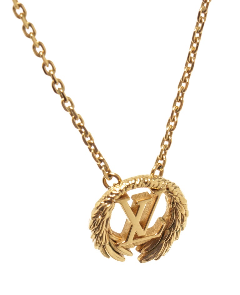 Louis Vuitton Gold Tone Collier Logo Angel Pendant Necklace at