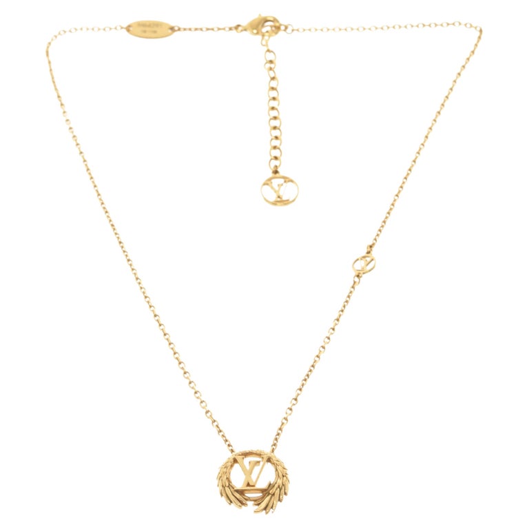 Louis Vuitton Gold Tone Collier Logo Angel Pendant Necklace at