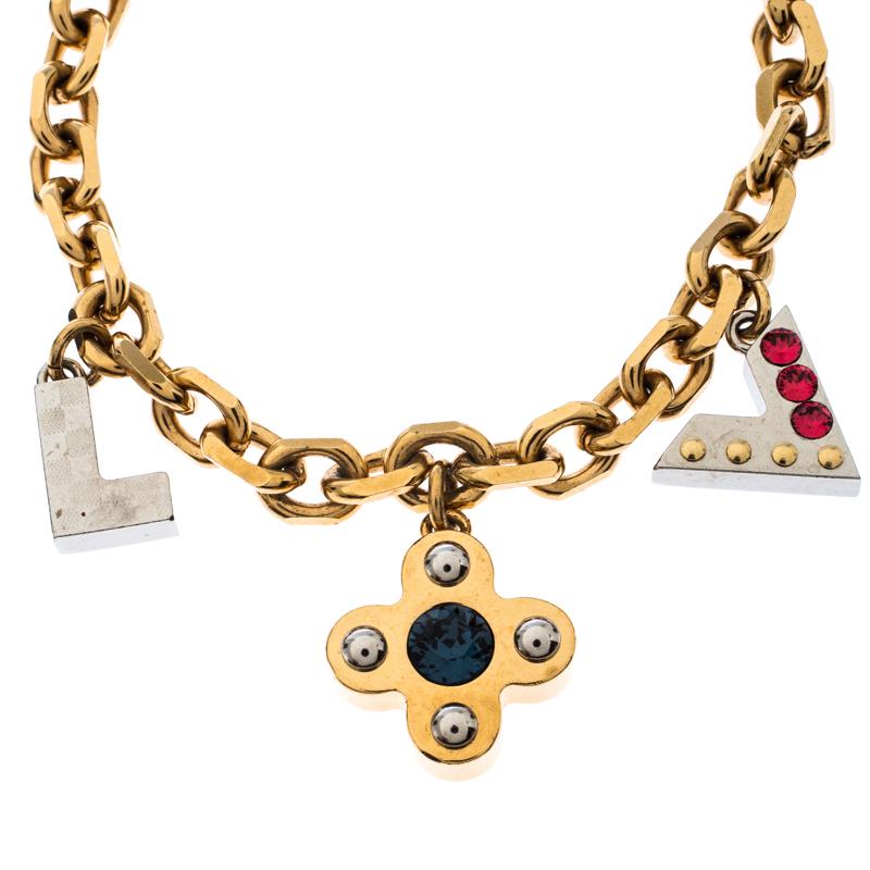 Contemporary Louis Vuitton Gold Tone Crystal Embedded Charm Bracelet