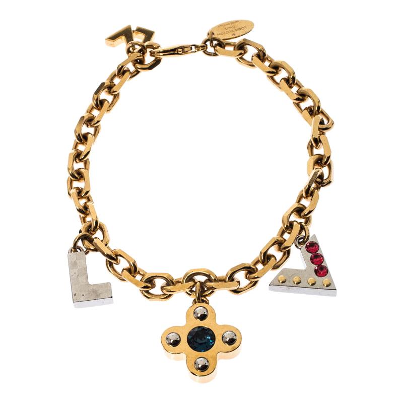 Louis Vuitton Gold Tone Crystal Embedded Charm Bracelet