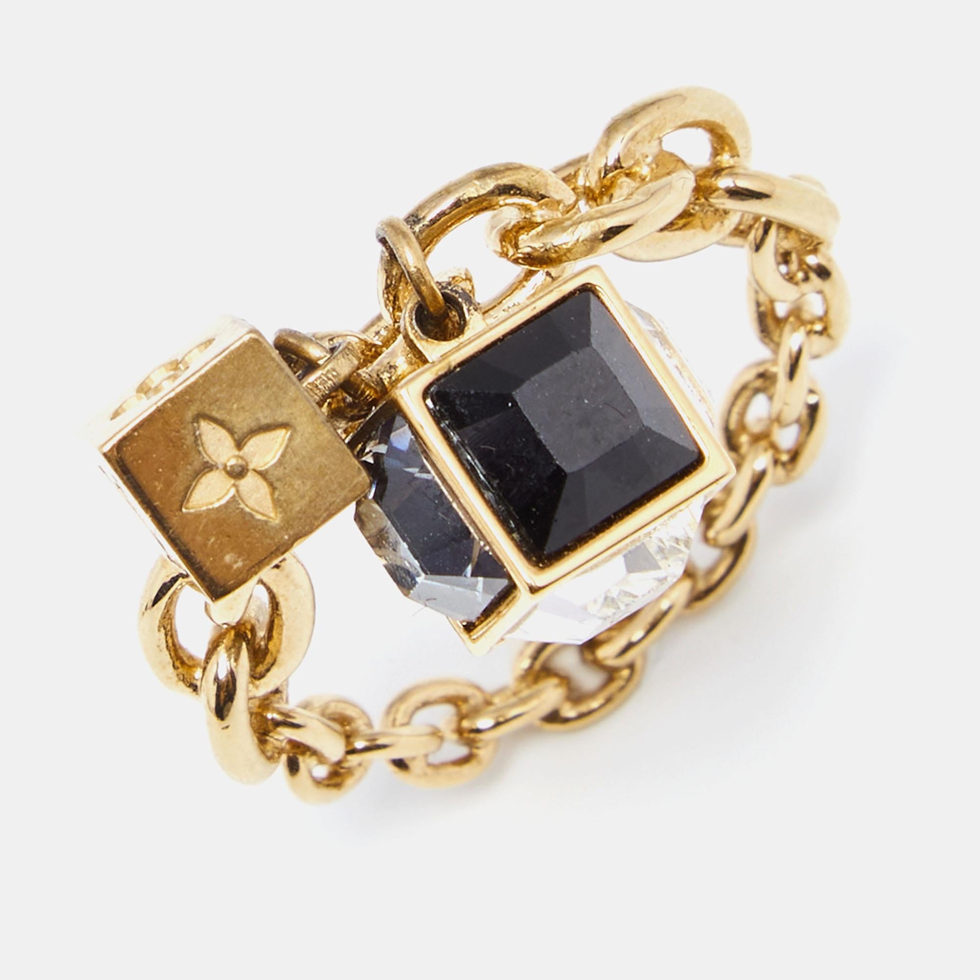 Contemporary Louis Vuitton Gold Tone Crystal Gamble Ring L