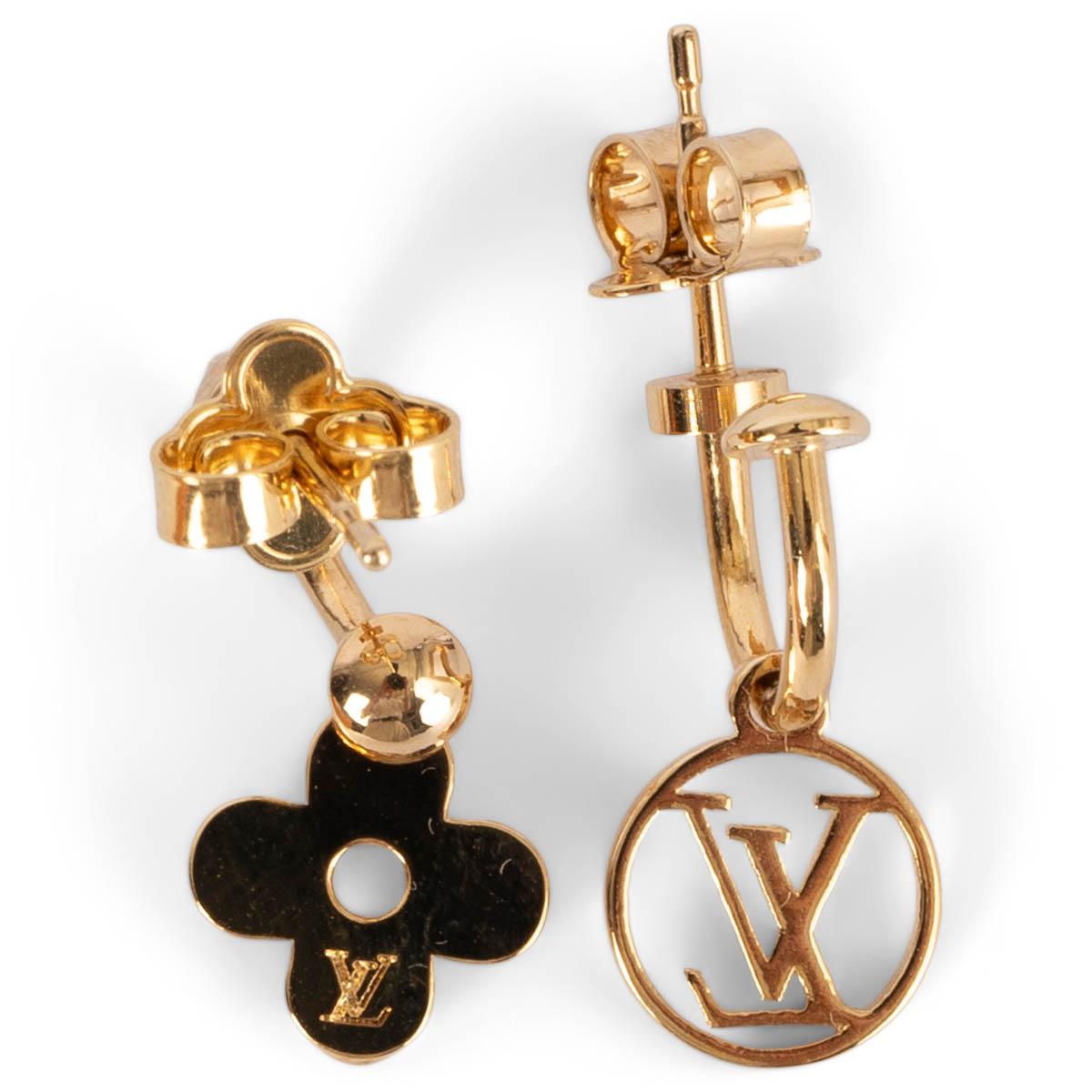 100% authentic Louis Vuitton Blooming earrings in gold plated metal. Blooming reinterprets the House's iconic LV Circle and Monogram Flower signatures as dangling charms. Brand new. Come with dust bag and box. 

Measurements
Length	2.5cm