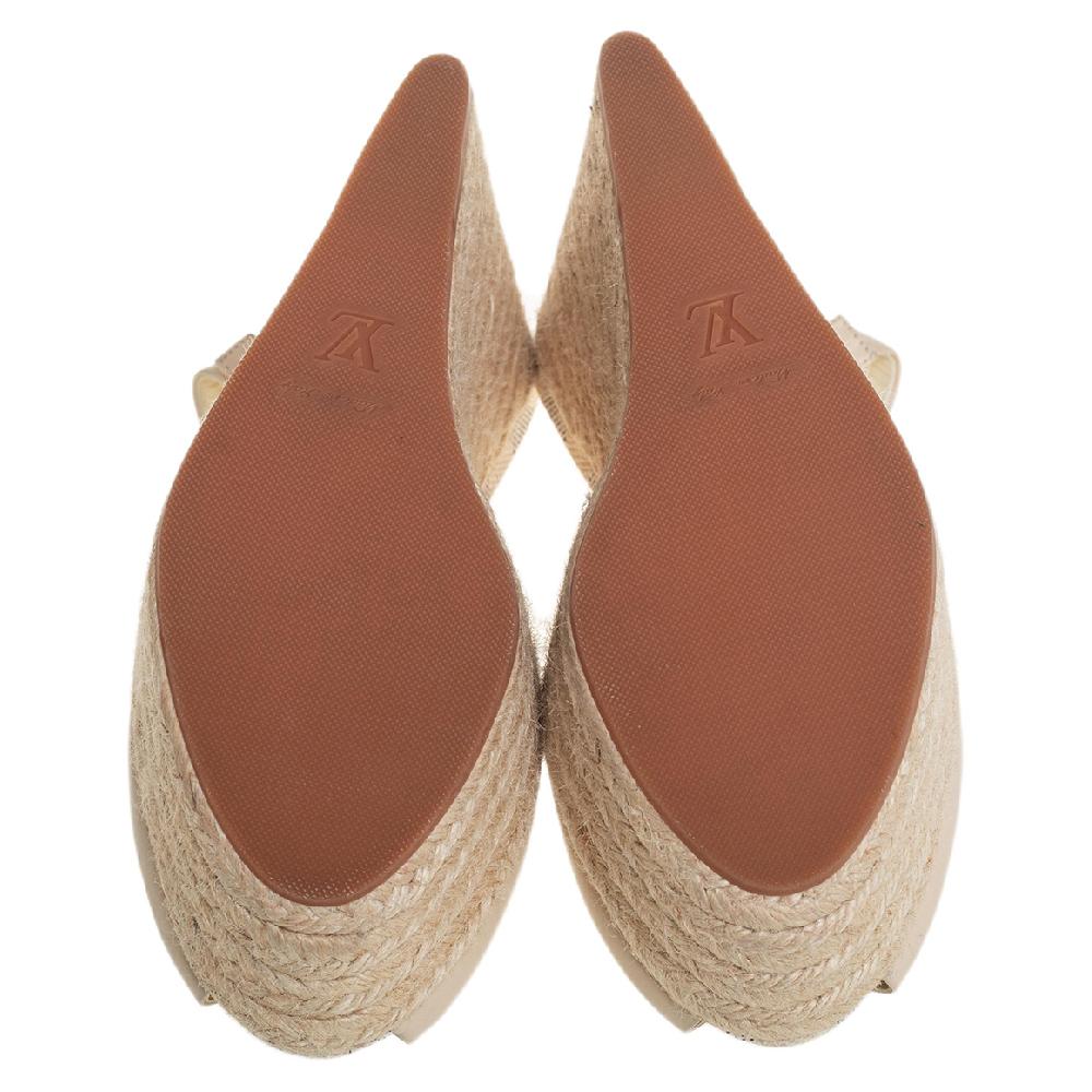 Beige Louis Vuitton Gossip Cube Espadrille Wedge Peep Toe Slingback Sandals Size 37.5