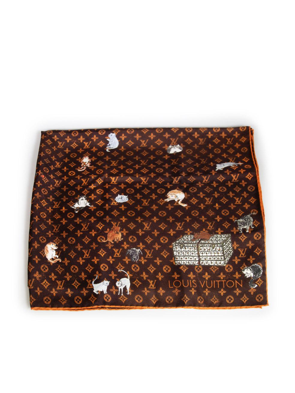CONDITION is Never worn, with tags. No visible wear to scarf is evident on this new Louis Vuitton designer resale item. This item comes with an original box.
 Details
 Multicolour: Brown and Orange
 Silk
 Scarf
 Coddington Catogram Classic
 
 
 Made
