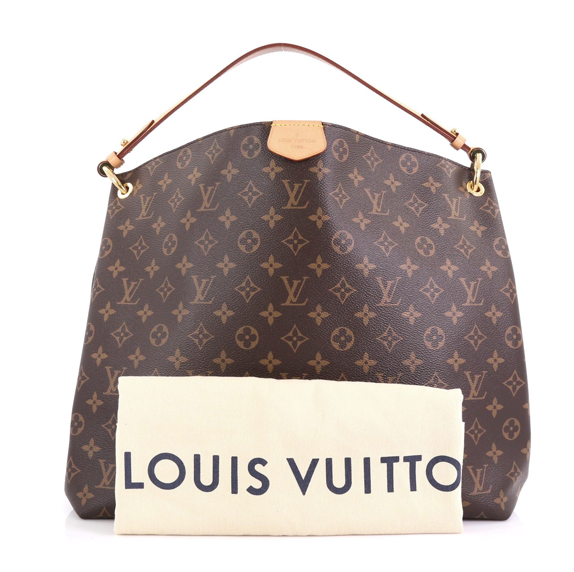 This Louis Vuitton Graceful Handbag Monogram Canvas MM, crafted from brown monogram coated canvas, features a flat handle and gold-tone hardware. Its magnetic closure opens to a pink fabric interior with zip pocket. Authenticity code reads: RI3188.
