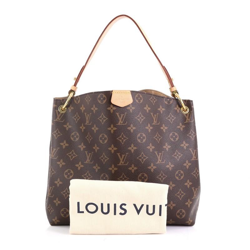 This Louis Vuitton Graceful Handbag Monogram Canvas PM, crafted in brown monogram coated canvas, features a flat leather shoulder strap, cowhide leather trim, and gold-tone hardware. Its hidden magnetic closure opens to a brown fabric interior with