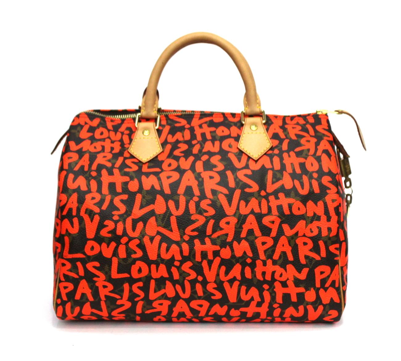 This limited edition Louis Vuitton Graffiti Sprouse Speedy 30 presents the monogram canvas with the iconic pattern covered with fluorescent graffiti. The Speedy was designed after the iconic Keepall and has always been popular. With its