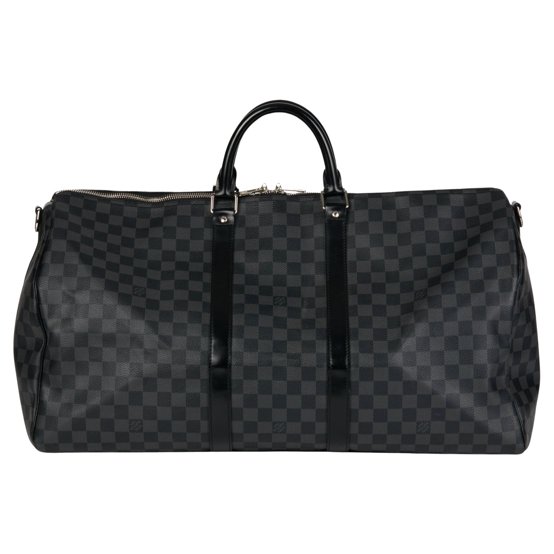 LOUIS VUITTON Graphite Damier Coated Canvas & Black Calfskin Leather Keepall 55 