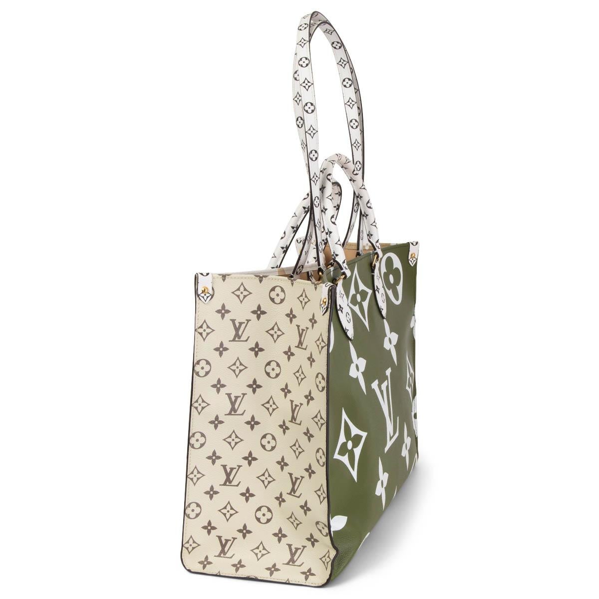 100% authentic Louis Vuitton Limited Edition 2019 Summer Capsule OnTheGo GM Tote Monogram Giant Reverse in khaki, cream and beige coated canvas. Lined in beige canvas with one zipper pocket and two patch pockets. Has been carried with faint marks on