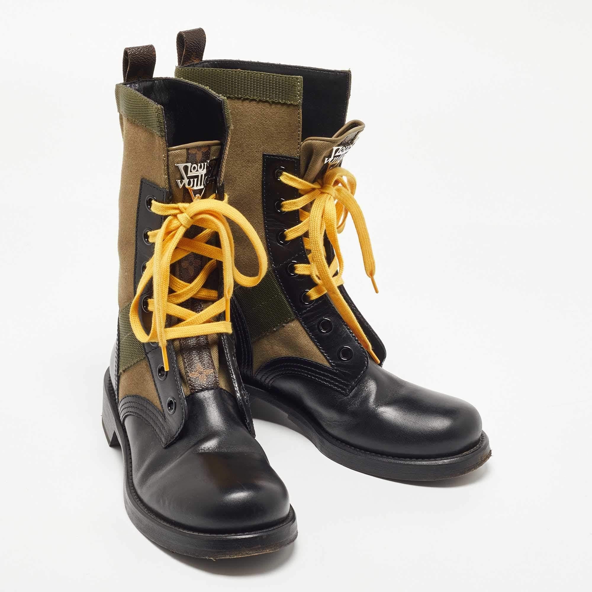 Women's Louis Vuitton Green/Black Canvas and Leather Midcalf Boots Size 38.5 For Sale