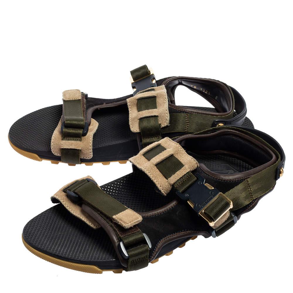 Louis Vuitton Green/Black Suede and Fabric Velcro Sandals Size 42 For Sale 1
