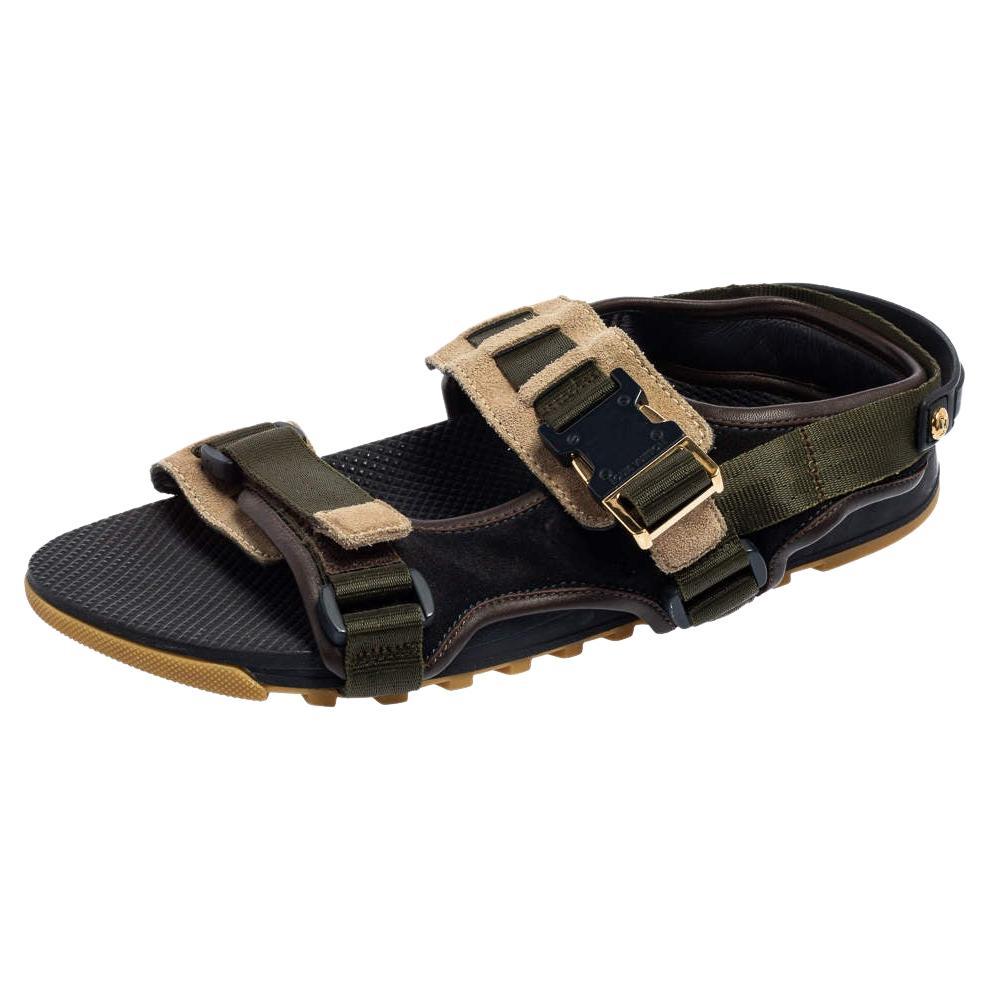 Louis Vuitton Green/Black Suede and Fabric Velcro Sandals Size 42 For Sale