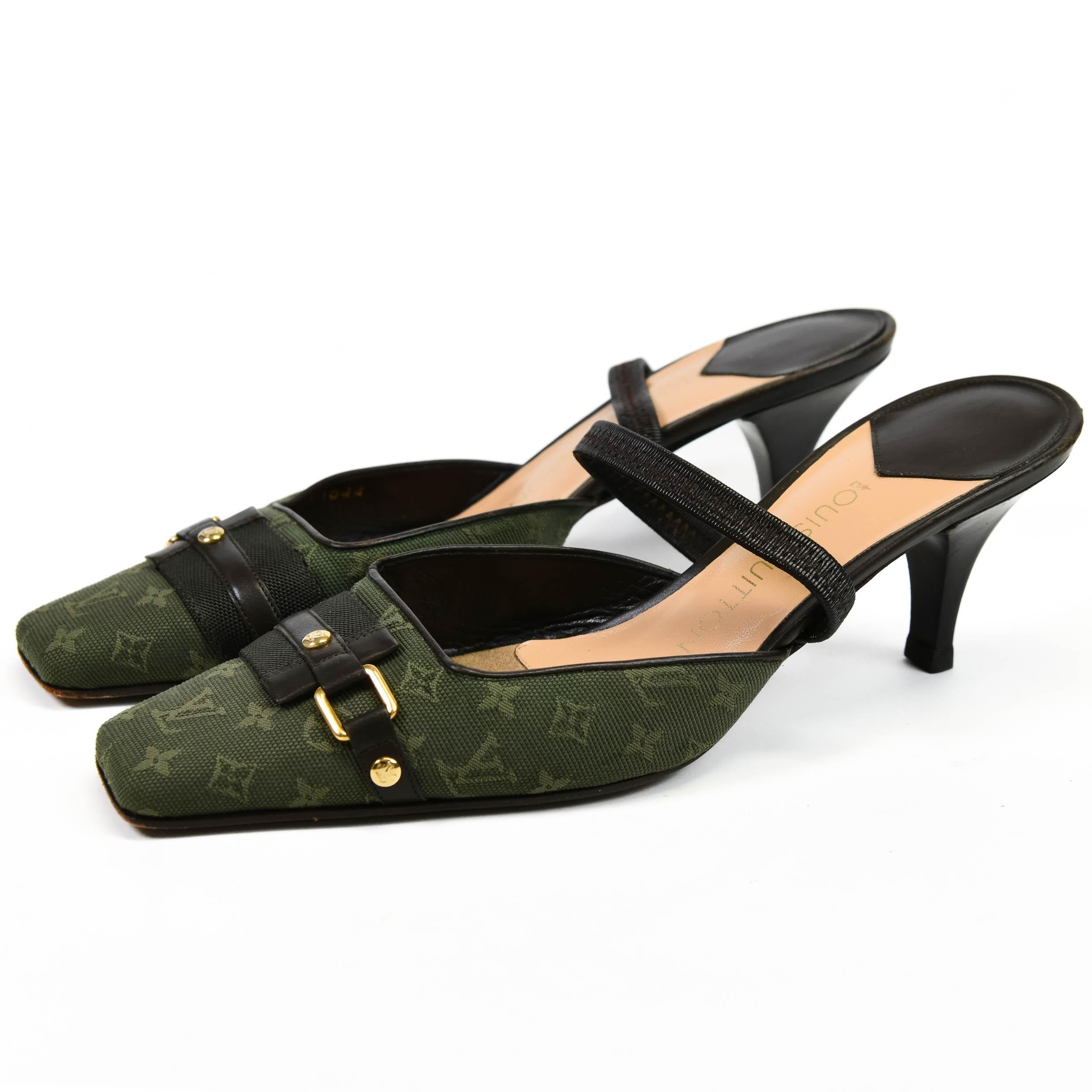 Femenino o masculino Louis Vuitton Bombas de lona y piel verde/marrón con monograma Mini Lin 38,5