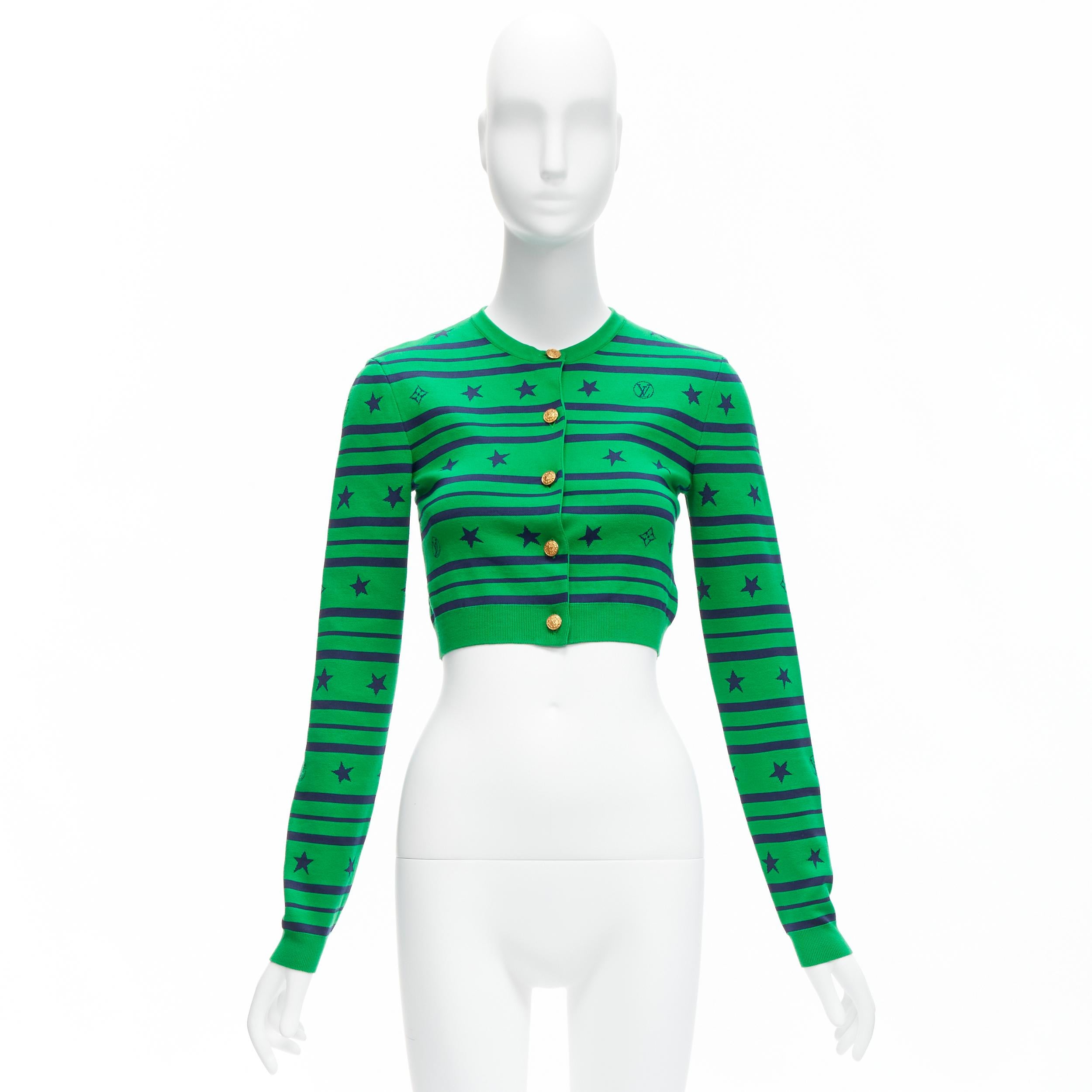 LOUIS VUITTON green cotton silk star logo striped cropped cardigan XS 7
