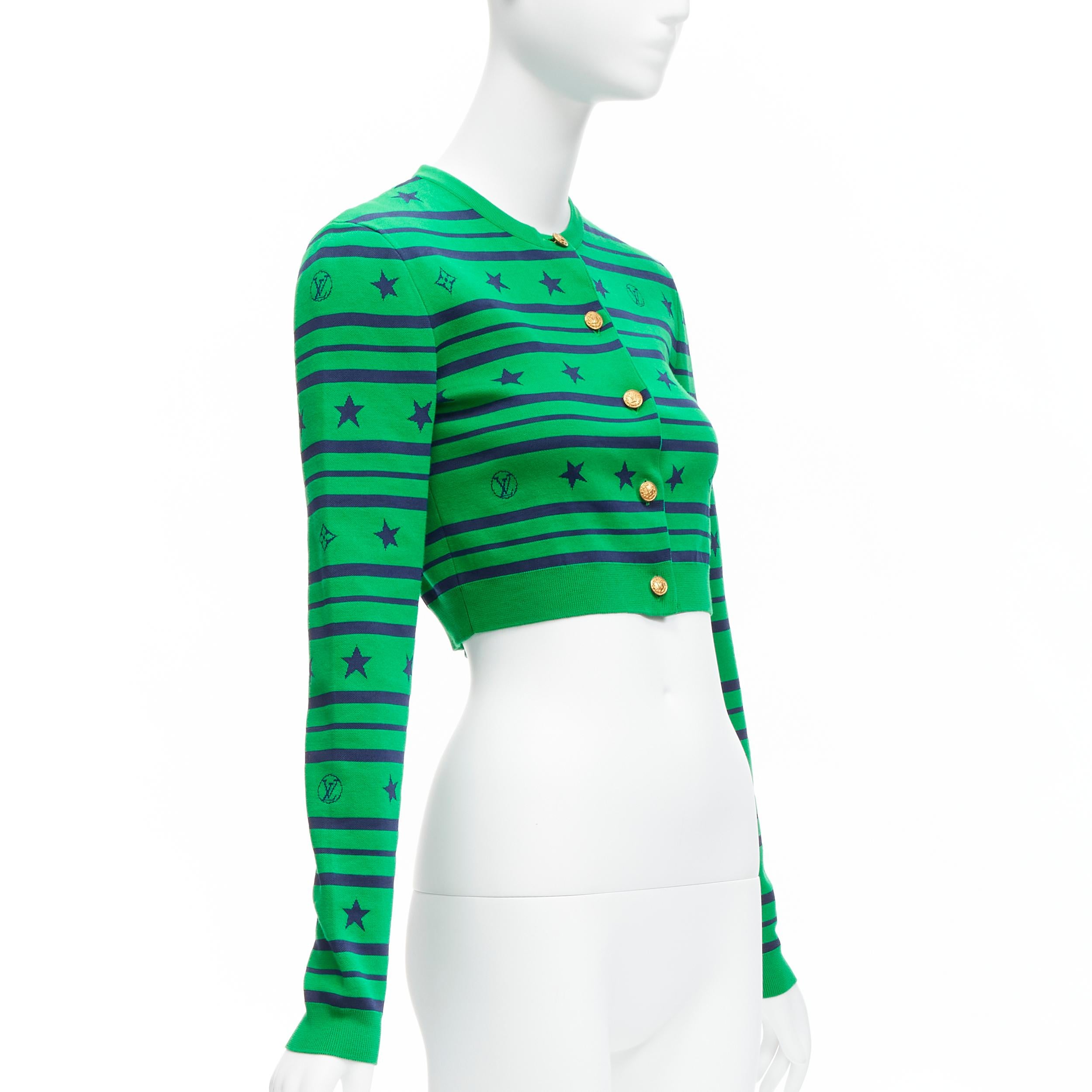Women's LOUIS VUITTON green cotton silk star logo striped cropped cardigan XS