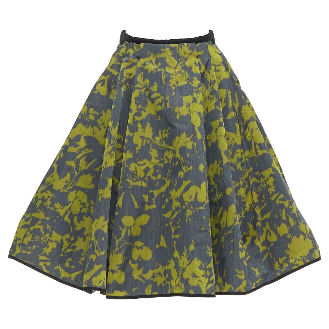 LOUIS VUITTON green floral jacquard velvet trim LV zip flared skirt