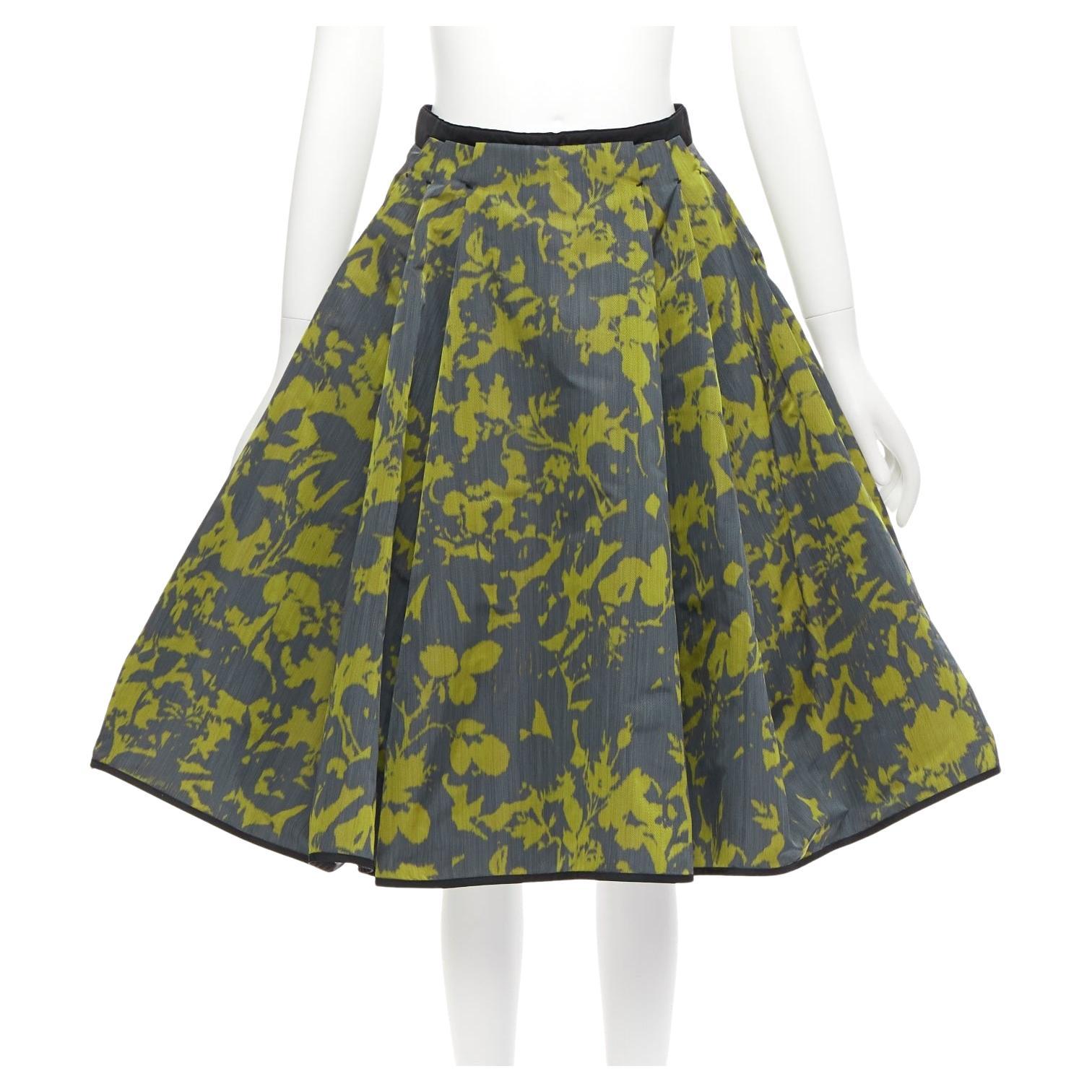 LOUIS VUITTON green floral jacquard velvet trim LV zip flared skirt
