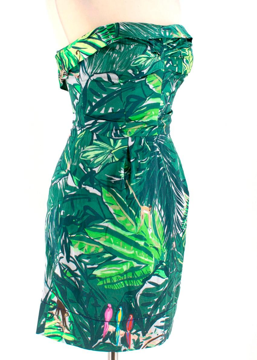 Louis Vuitton strapless dress crafted from green satin featuring a floral print with monkeys and parrots. 

- Bustier dress
- Short length
- Concealed zip fastening at back
- Lightweight fabric
- Cocktail dress

Composition:
- 51% silk
- 49%