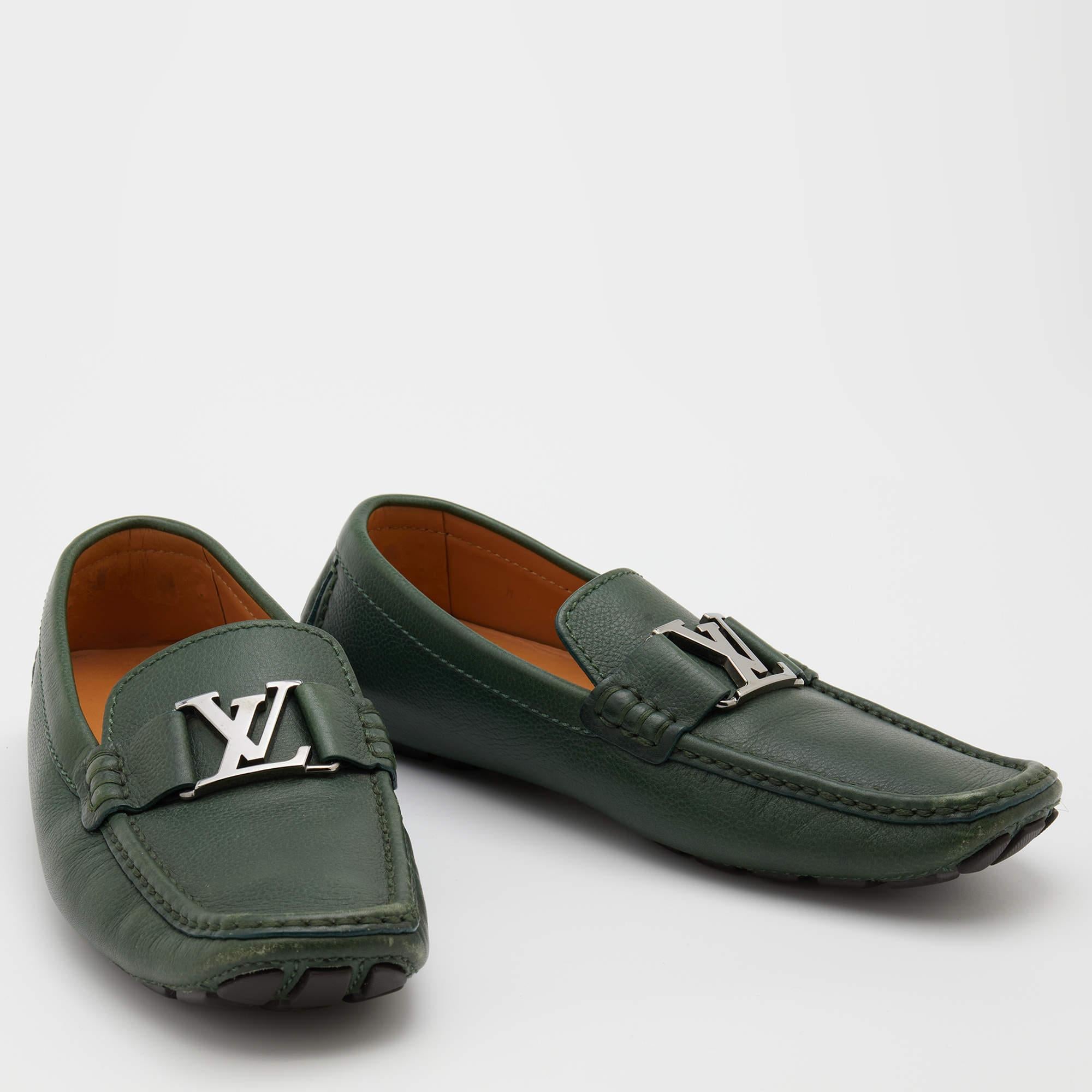 Louis Vuitton Green Leather Monte Carlo Slip On Loafers Size 41 In Good Condition In Dubai, Al Qouz 2