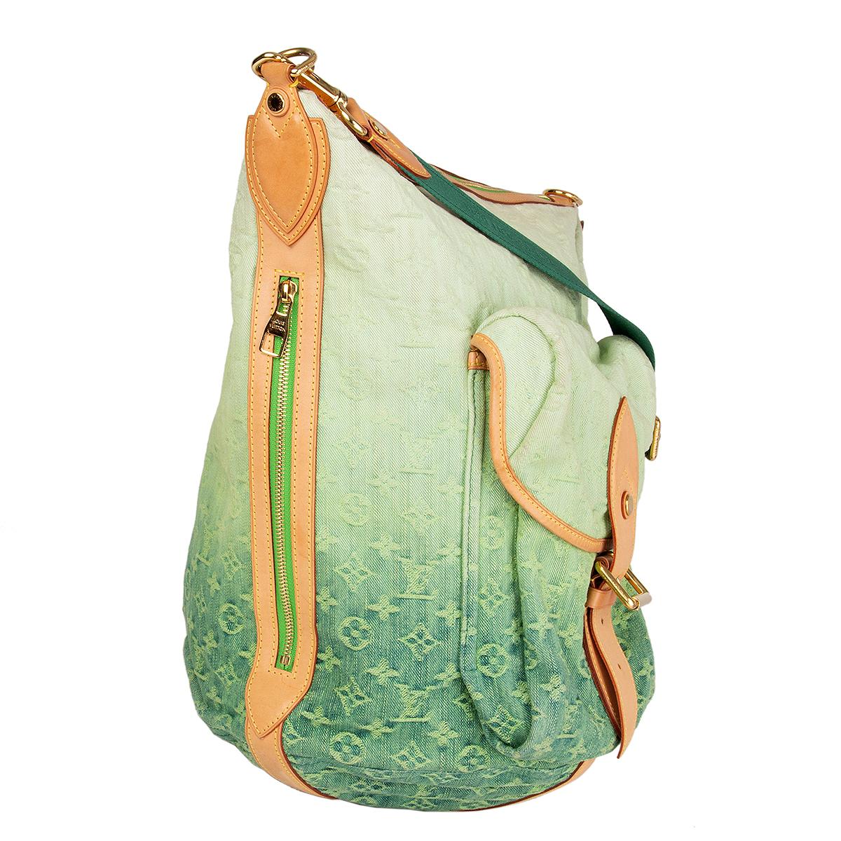 Louis Vuitton 'Sunburst PM' shoulder bag in gradient green Monogram Denim featuring natural cowhide leather trimmings with detachable and adjsutable web shoulder strap. Limited edition bag from spring/summer 2010 runway. Outside pocket with buckle