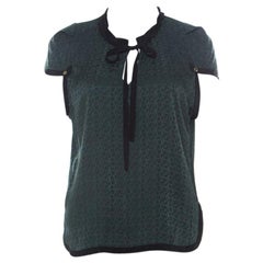 Louis Vuitton Green Monogram Embossed Silk Tie Neck Short Sleeve Top M